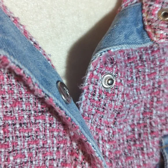 Umgee Tweed Jacket Pink/ Blue Denim Fringe Hem Cotton Hippie Festival Sz M - Picture 8 of 11